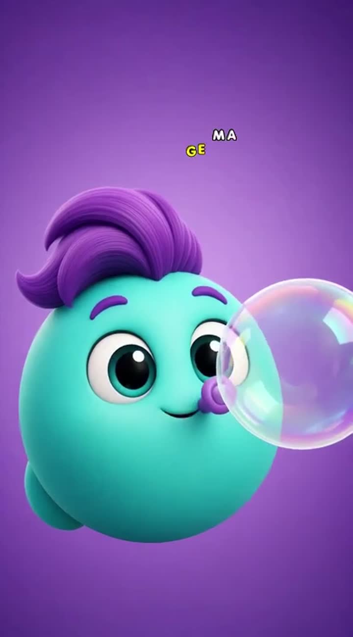 Brix, a small round turquoise creature with a swept-up purple hair… — AI cartoon