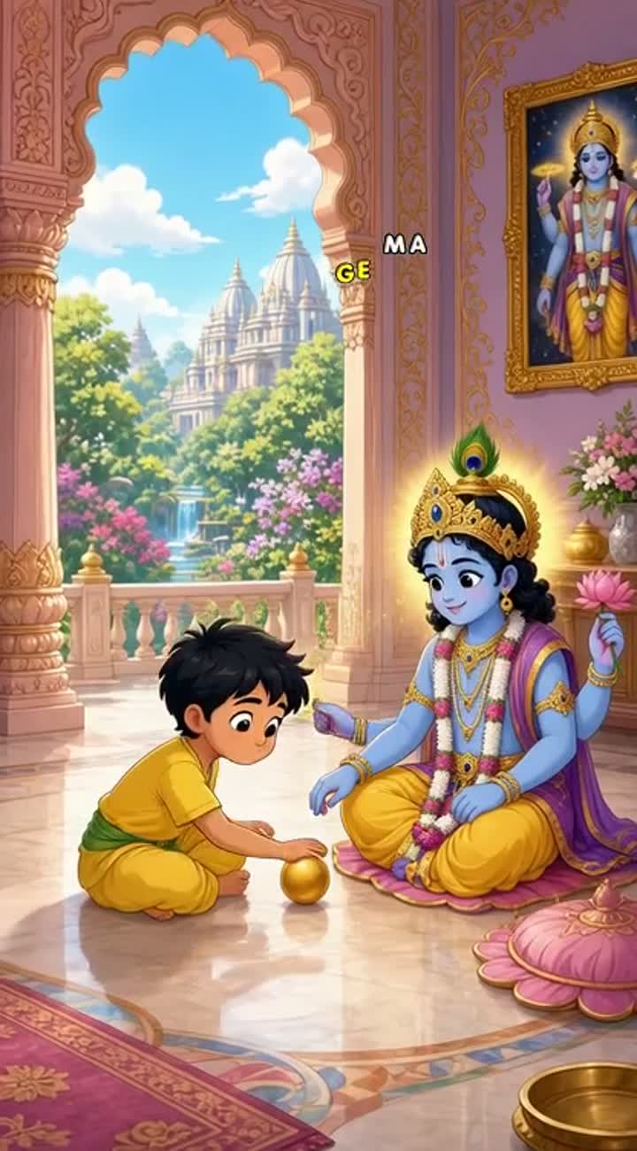 A boy play with god vishnu in his home dham Animated cartoon… — AI cartoon