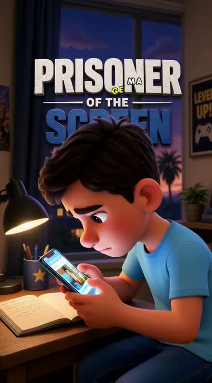 3D cartoon movie titled "Prisoner of the Screen" about internet… — AI cartoon