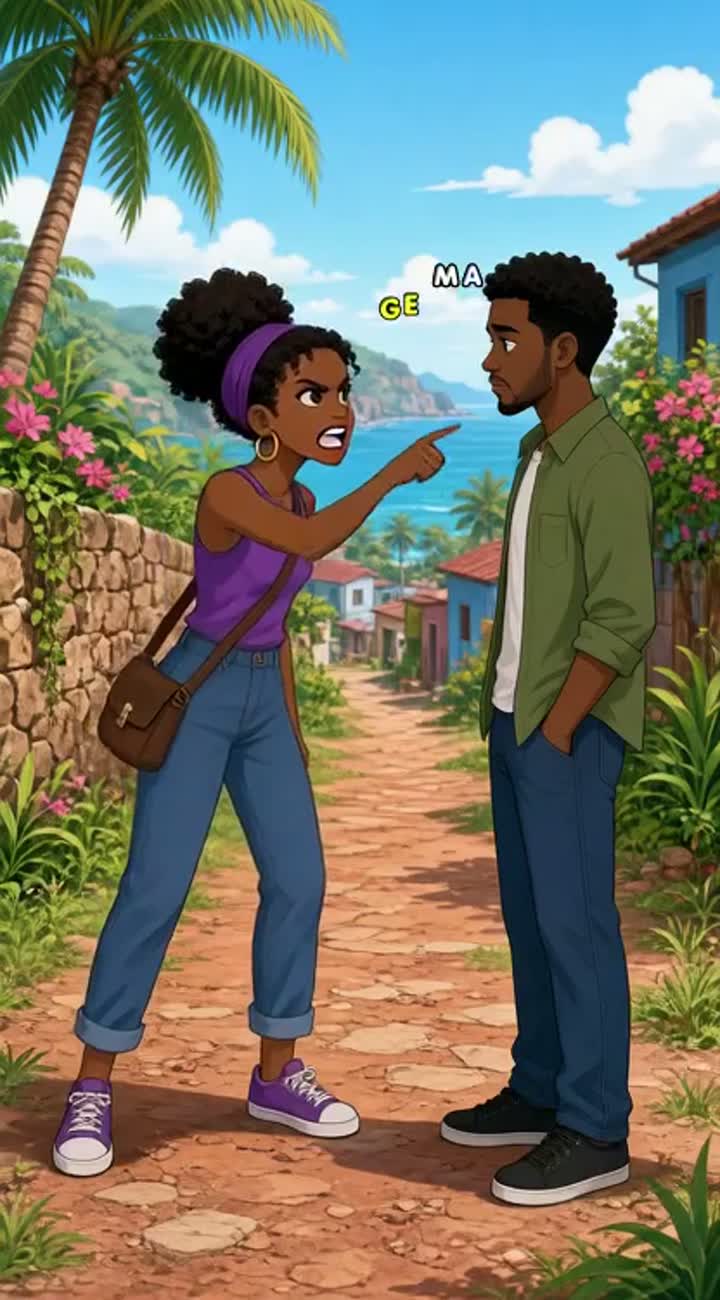 The woman points her finger at him and says angrily in Swahili… — AI cartoon