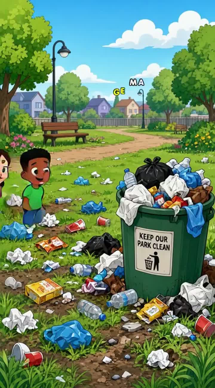 Colorful 2D cartoon animation about children cleaning a dirty… — AI cartoon