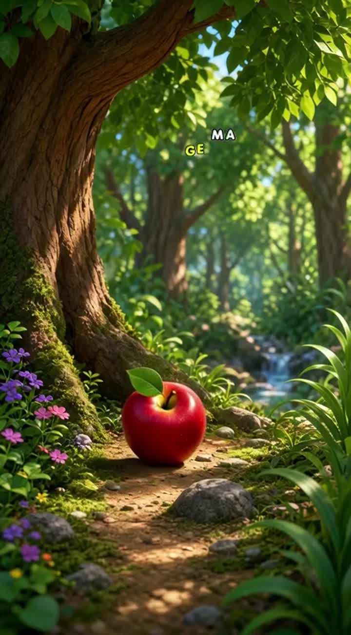 A cute 3D cartoon lion cub named Leo finds a shiny red apple… — AI cartoon