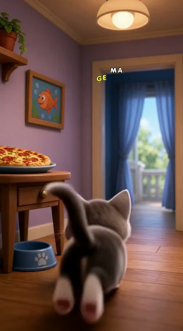 A tiny cat steals a huge pizza slice — AI cartoon