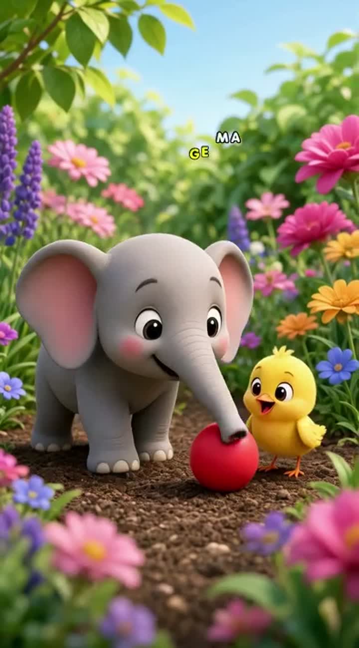 A cute baby elephant and a little yellow bird play together… — AI cartoon