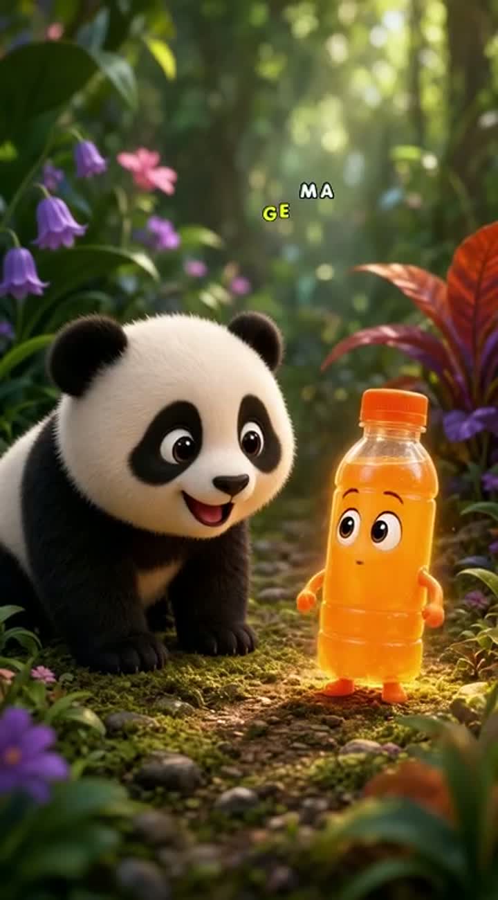 A cute baby panda finds a magical orange drink in a colorful forest — AI cartoon
