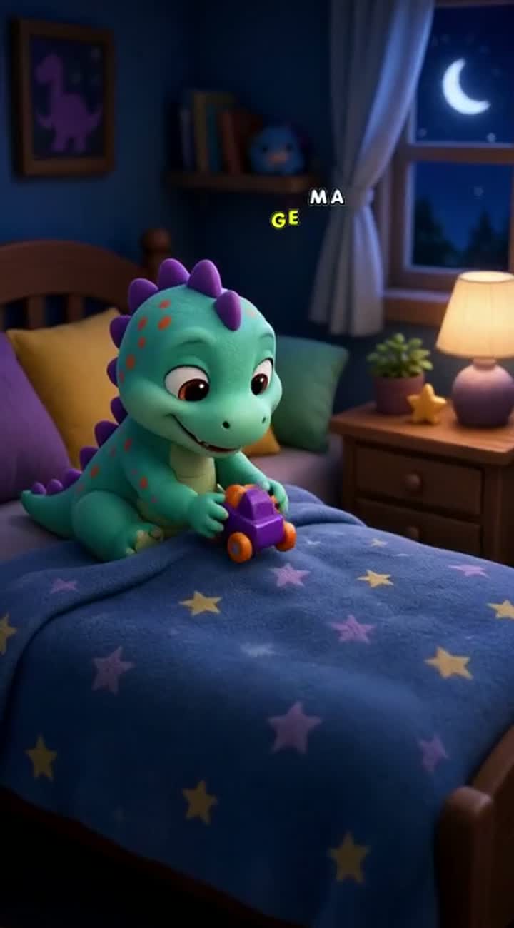 Dino is sitting happily on his bed in a cosy… — AI cartoon