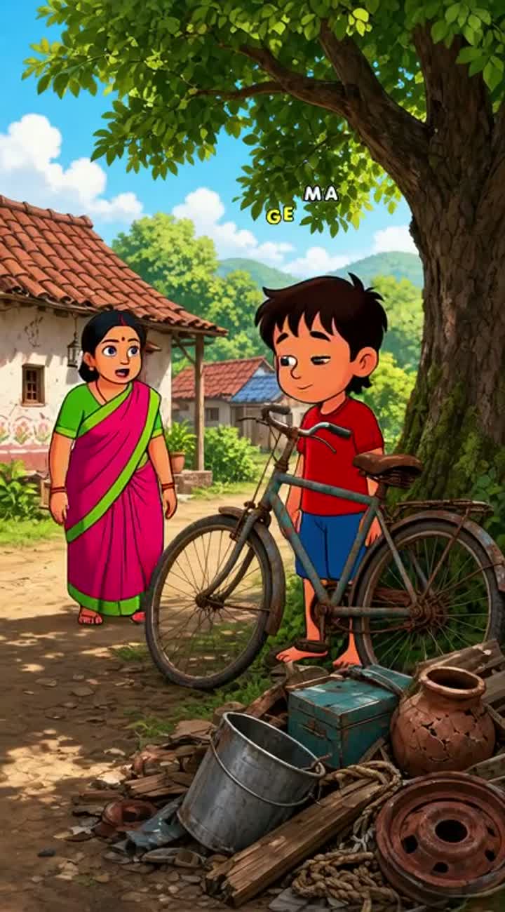 In a small village, Golu, a lazy young boy, lives with his mother — AI cartoon