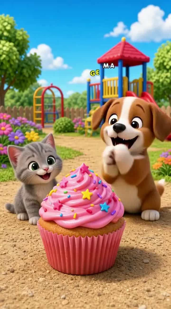 STORY: The puppy discovers a magical cupcake that grows bigger… — AI cartoon