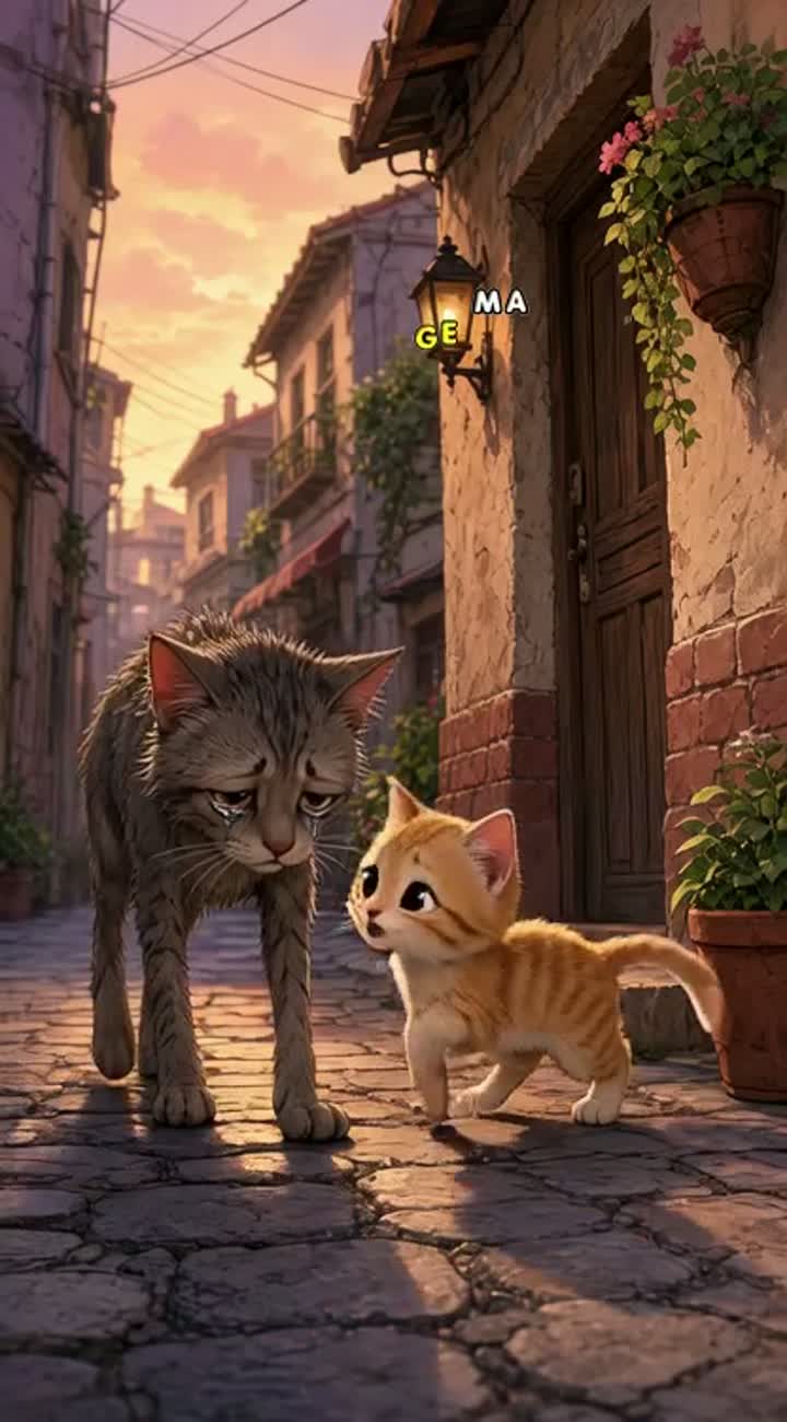 A single continuous shot, a hungry stray cat walks along… — AI cartoon