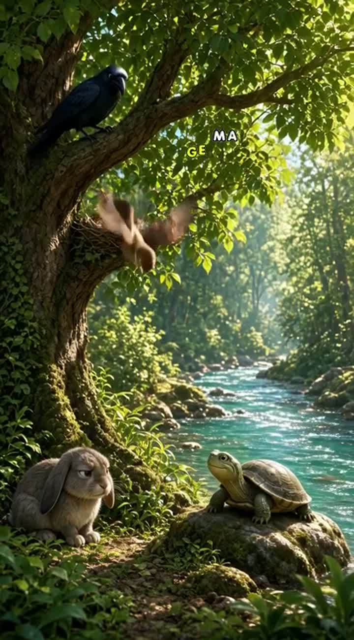 Dense forest beside a sparkling river, a large leafy tree stands… — AI cartoon