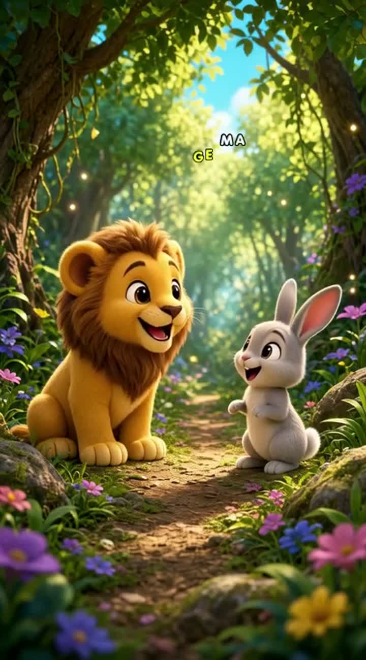 A cute baby lion with big sparkling eyes meets a little rabbit… — AI cartoon