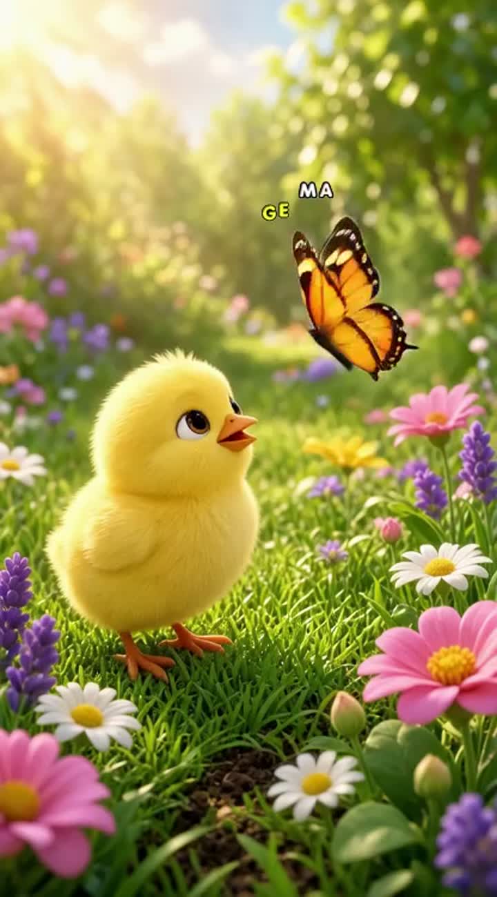ACTION: The baby chick notices a colorful butterfly fluttering… — AI cartoon