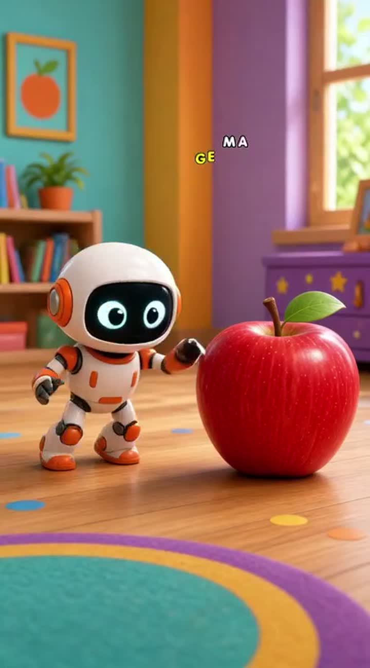A cute white and orange 3D cartoon robot with big glowing eyes… — AI cartoon