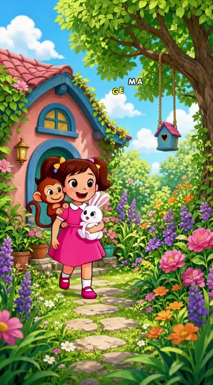 A girl playing with monkey and Bunny Animated cartoon with smooth… — AI cartoon