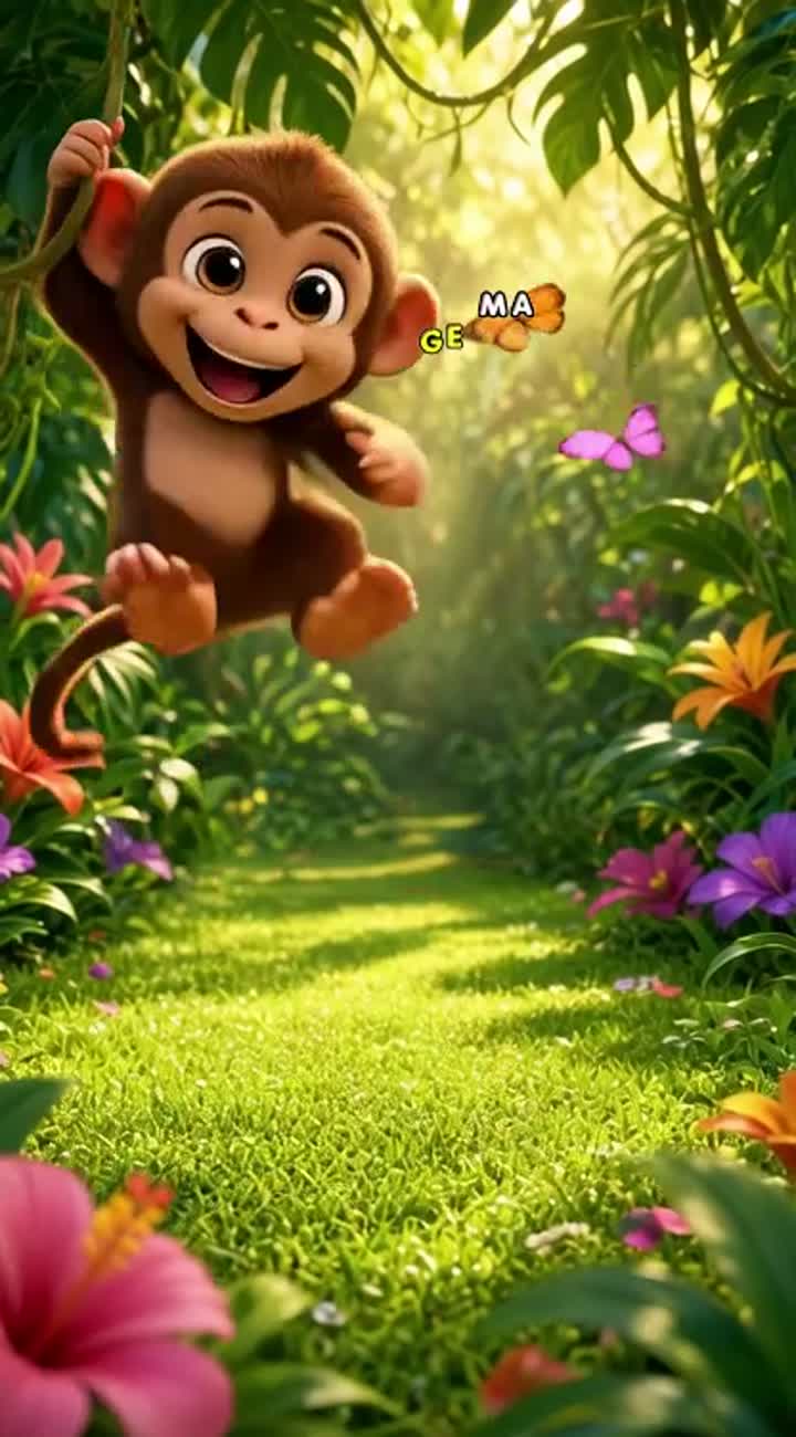 A vibrant, colorful 3D animated jungle clearing bathed in warm… — AI cartoon