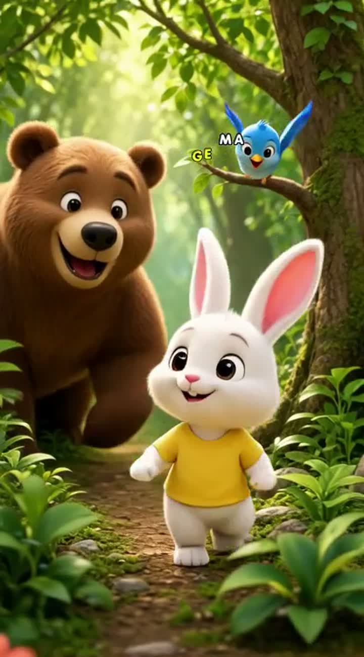 A little white rabbit named Chiku wearing a yellow T-shirt meets… — AI cartoon