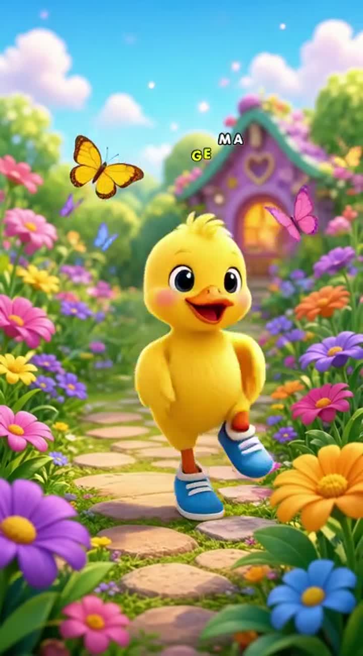 A cute little yellow duckling wearing blue shoes dances happily… — AI cartoon