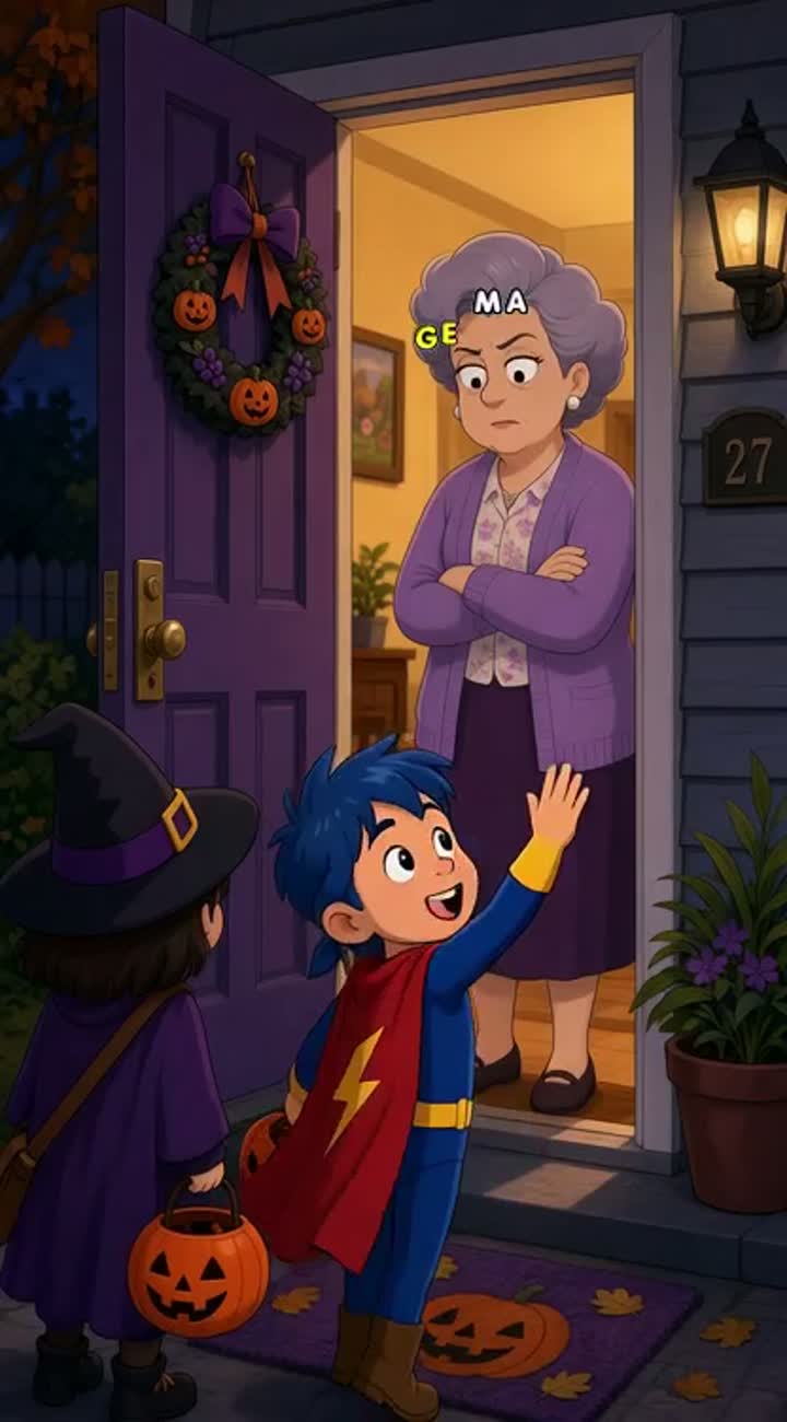 Two kids trick or treating with lady at door disputing about… — AI cartoon