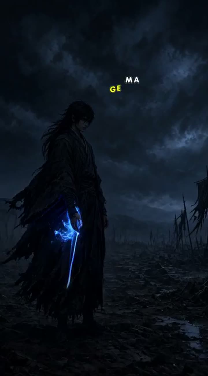 0-1s: Anime warrior stands on a dark battlefield… — AI cartoon