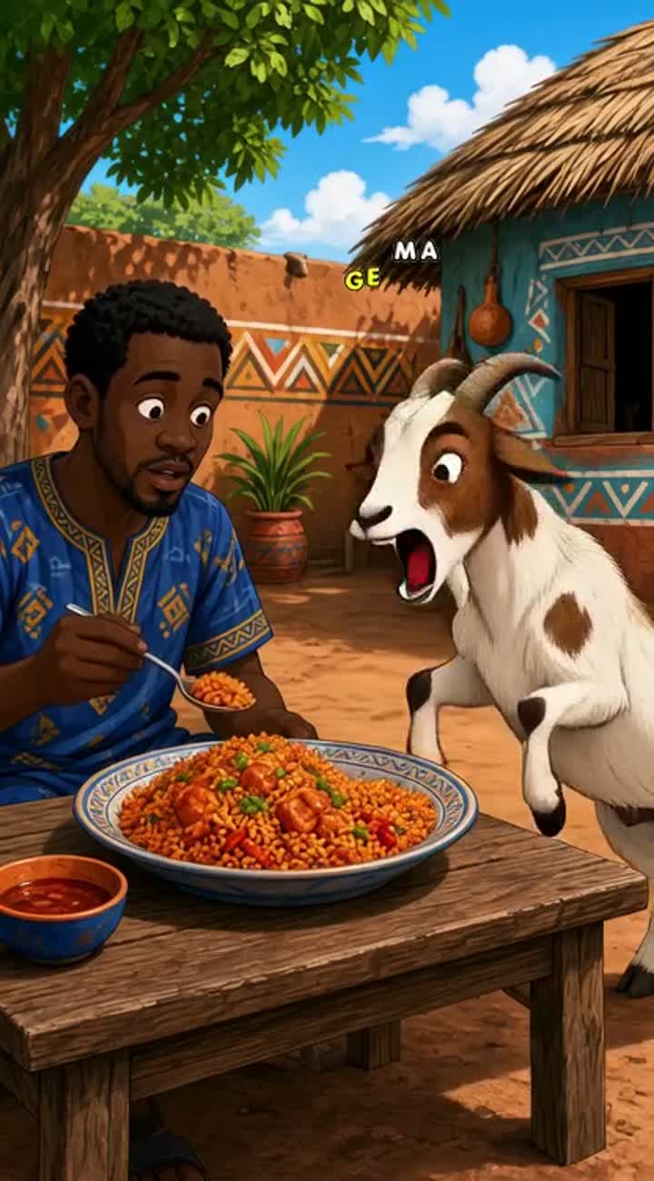 Hungry Nigerian man is eating jollof rice when a cheeky goat… — AI cartoon