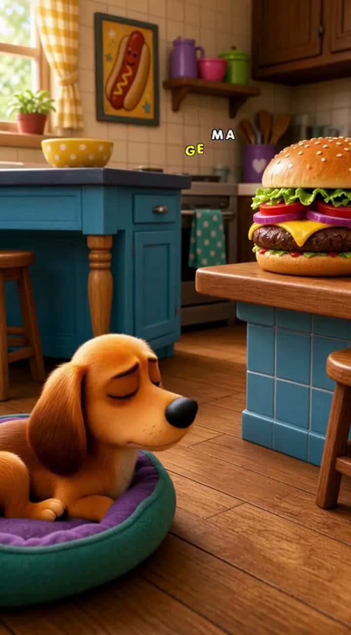 A funny cartoon about a lazy little dog who tries to steal a giant… — AI cartoon