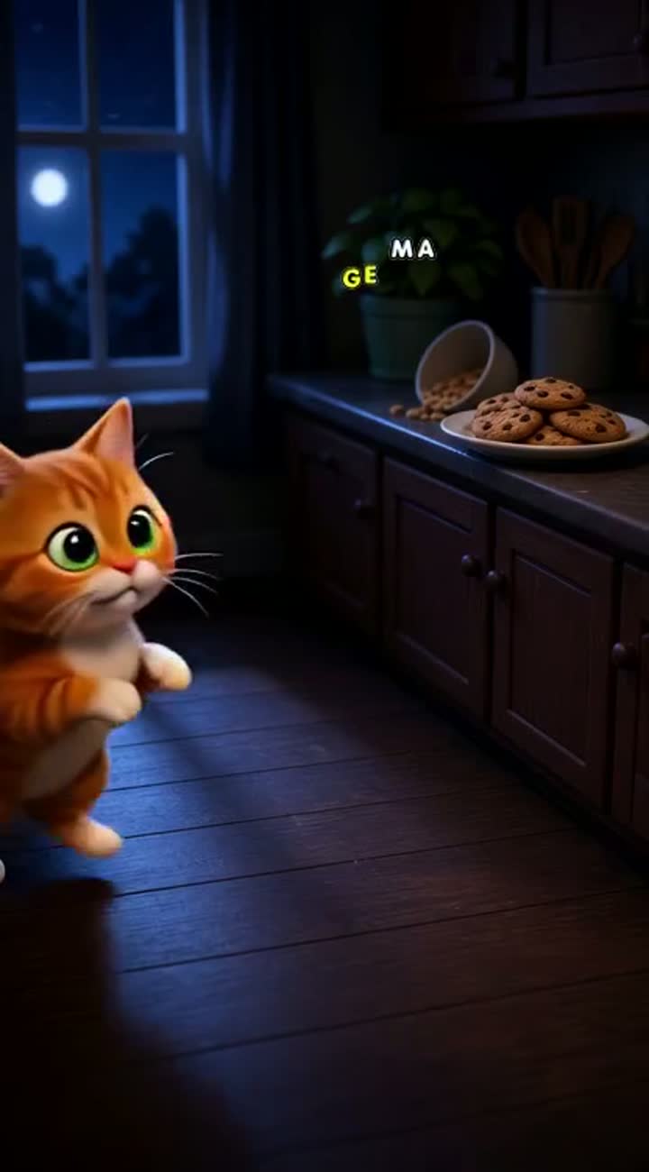A cute orange cartoon cat sneaks into a kitchen at night to steal… — AI cartoon