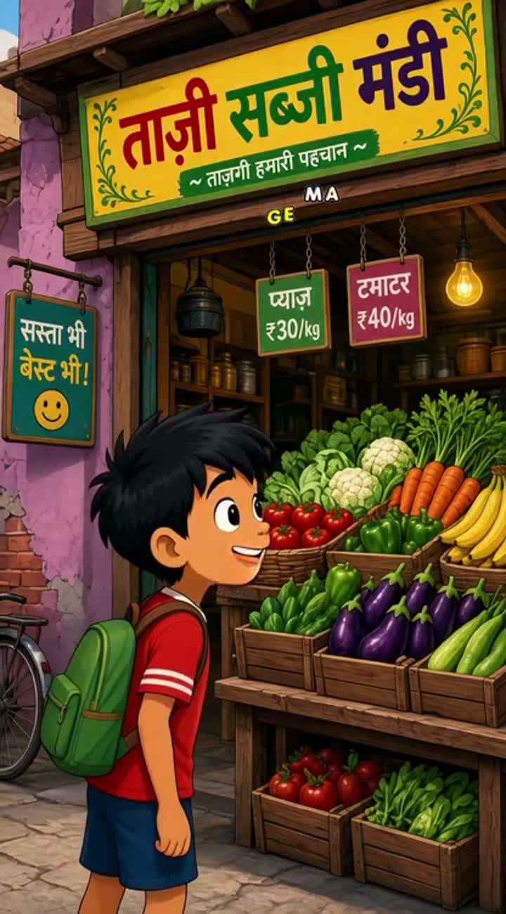 A funny Indian cartoon boy goes to a vegetable shop… — AI cartoon