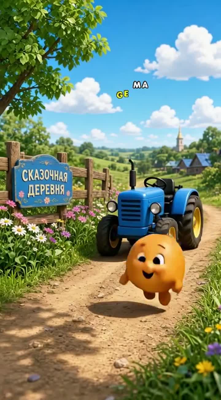 A blue tractor approaches in a cheerful, lively setting… — AI cartoon