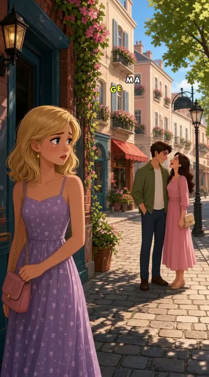 A sweet 24-year-old blonde woman wearing a dress stands… — AI cartoon