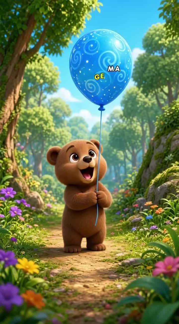 A cute little brown bear cub holding a magical blue balloon… — AI cartoon