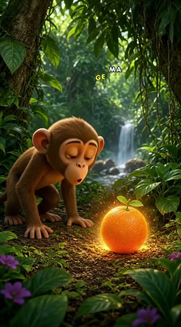 A cute brown monkey discovers a glowing magical orange… — AI cartoon