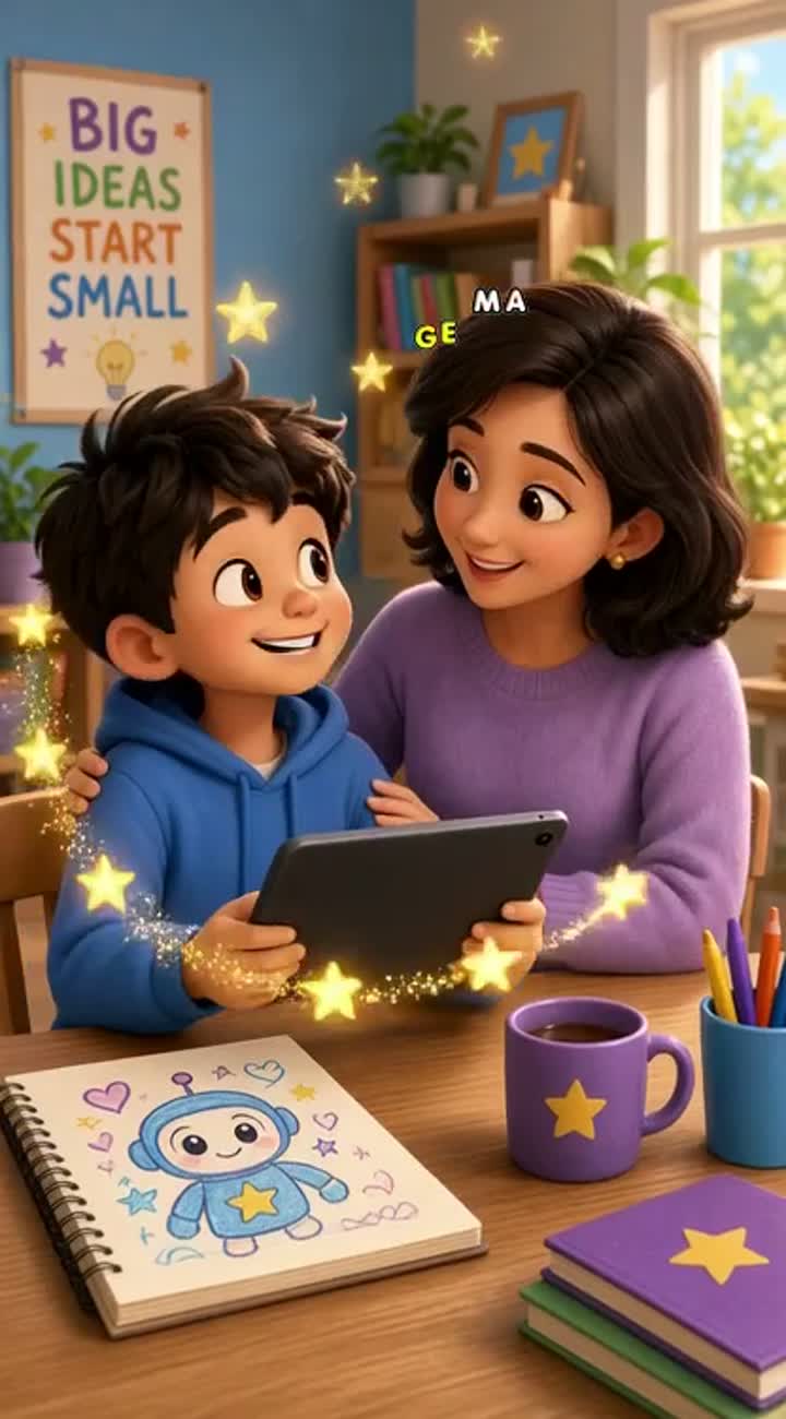 Visual prompt: With a parent's help, Liam shares his design safely — AI cartoon