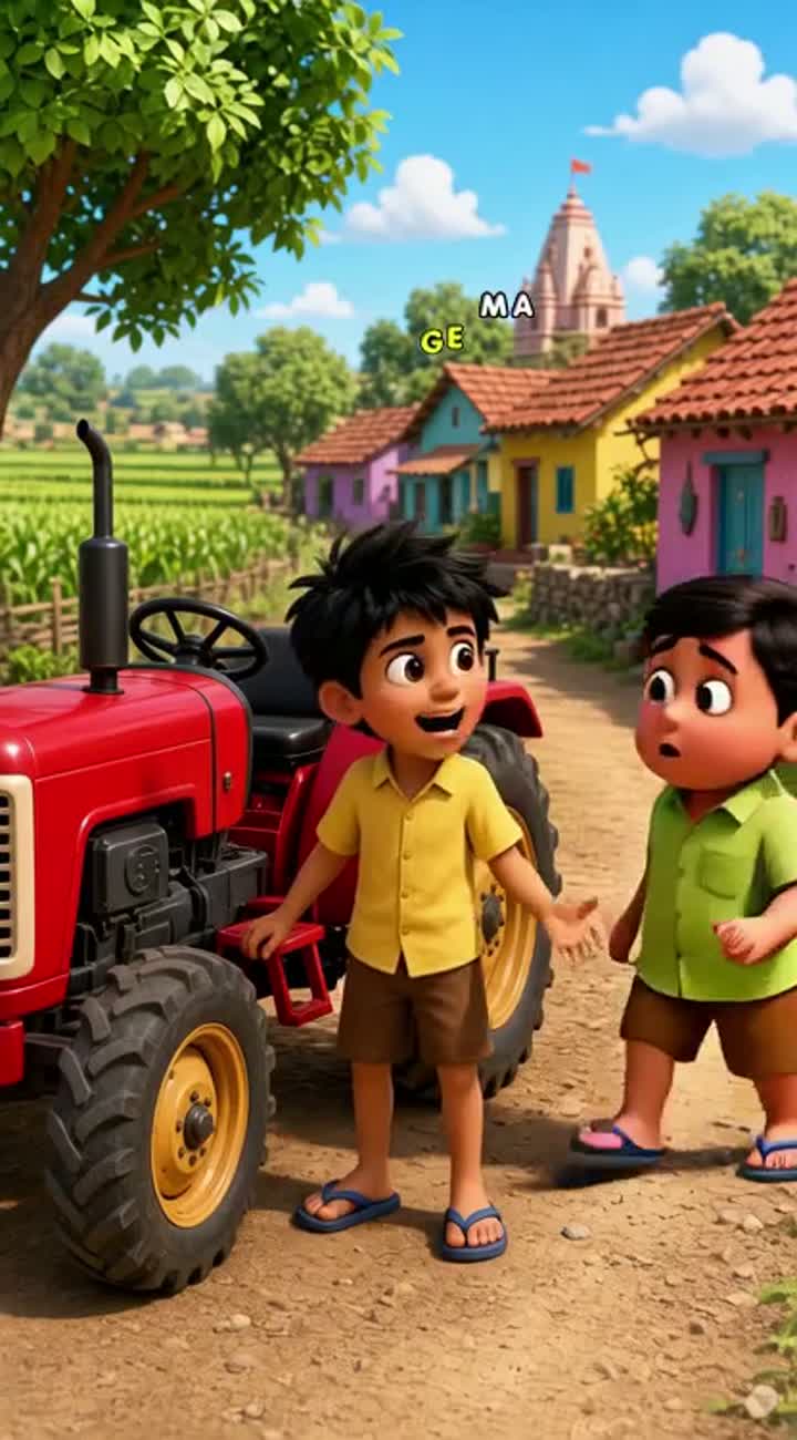 Set in a charming Indian village, with lush green fields… — AI cartoon