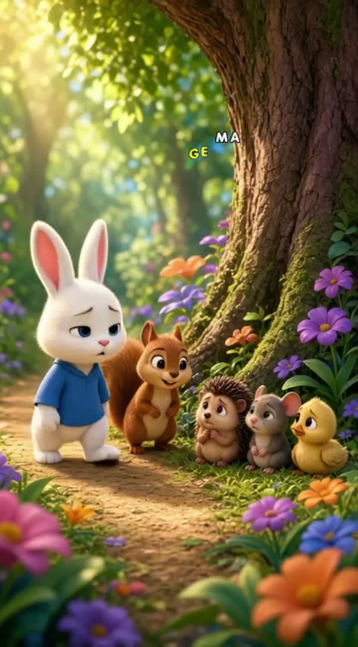 Scene 5 of "The Rabbit and the Magic Carrot." The same cute white… — AI cartoon