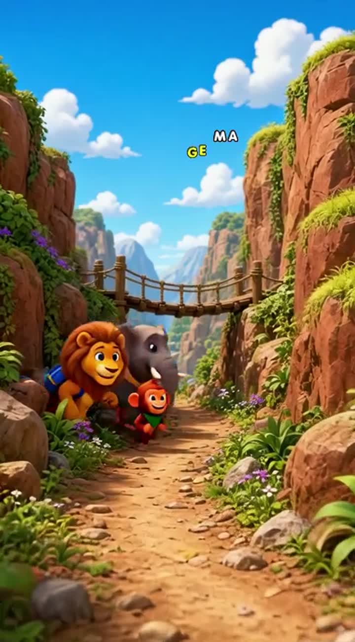 Colorful 3D animated cartoon for kids featuring three brave animal… — AI cartoon