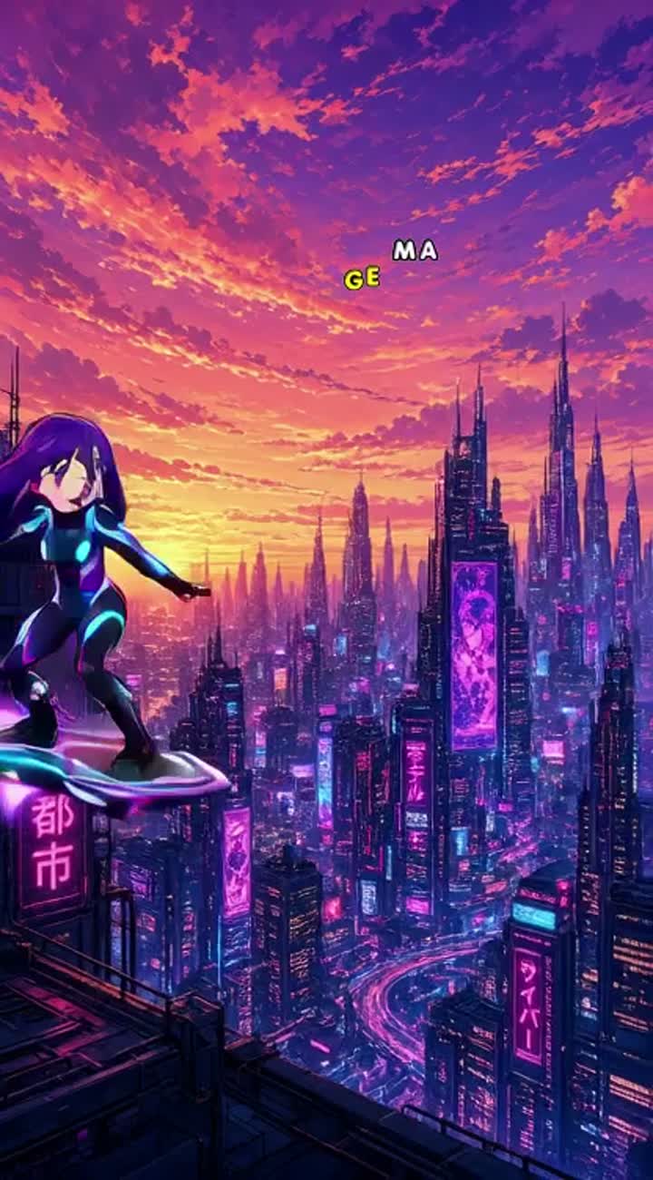 Modern anime style, a young girl with purple hair riding a flying… — AI cartoon