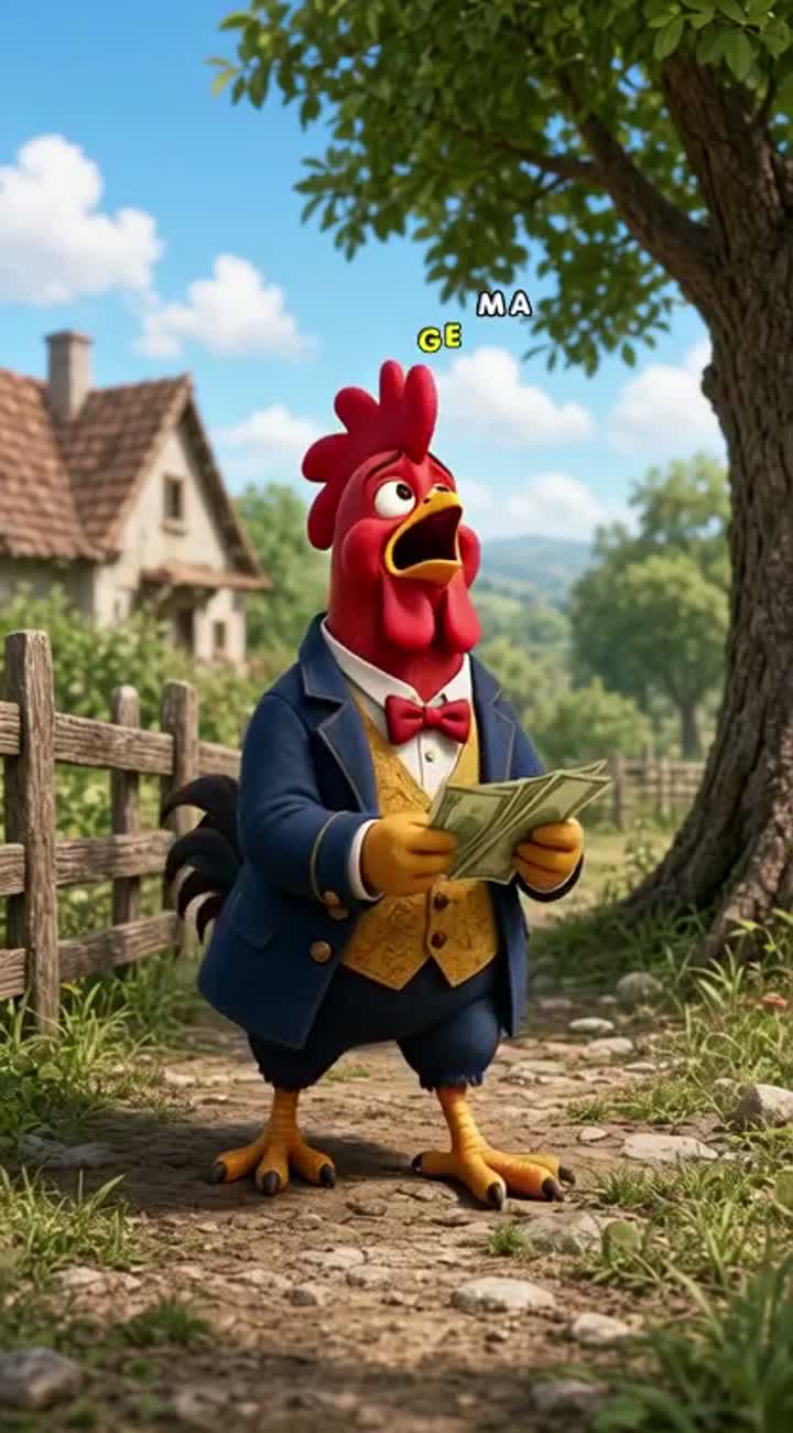 A funny 3D cartoon rooster stands in a village yard… — AI cartoon