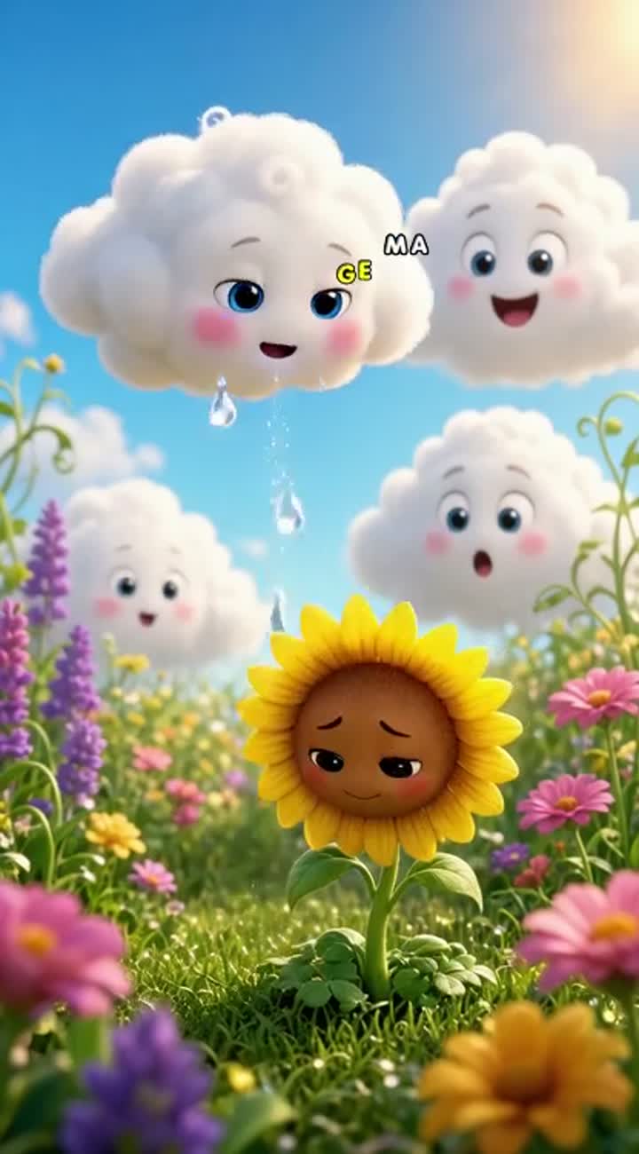 Coco, a tiny, fluffy white cloud with big blue eyes, rosy cheeks… — AI cartoon