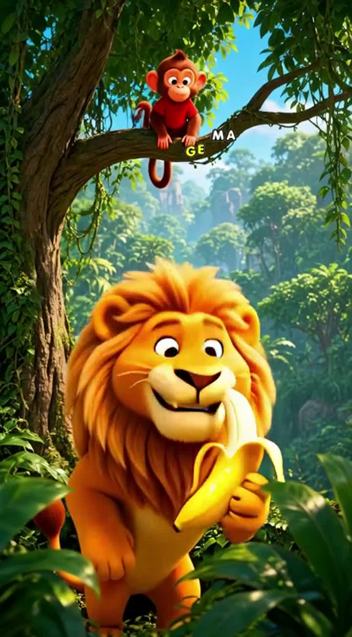 The same friendly orange lion with a fluffy golden mane eats… — AI cartoon