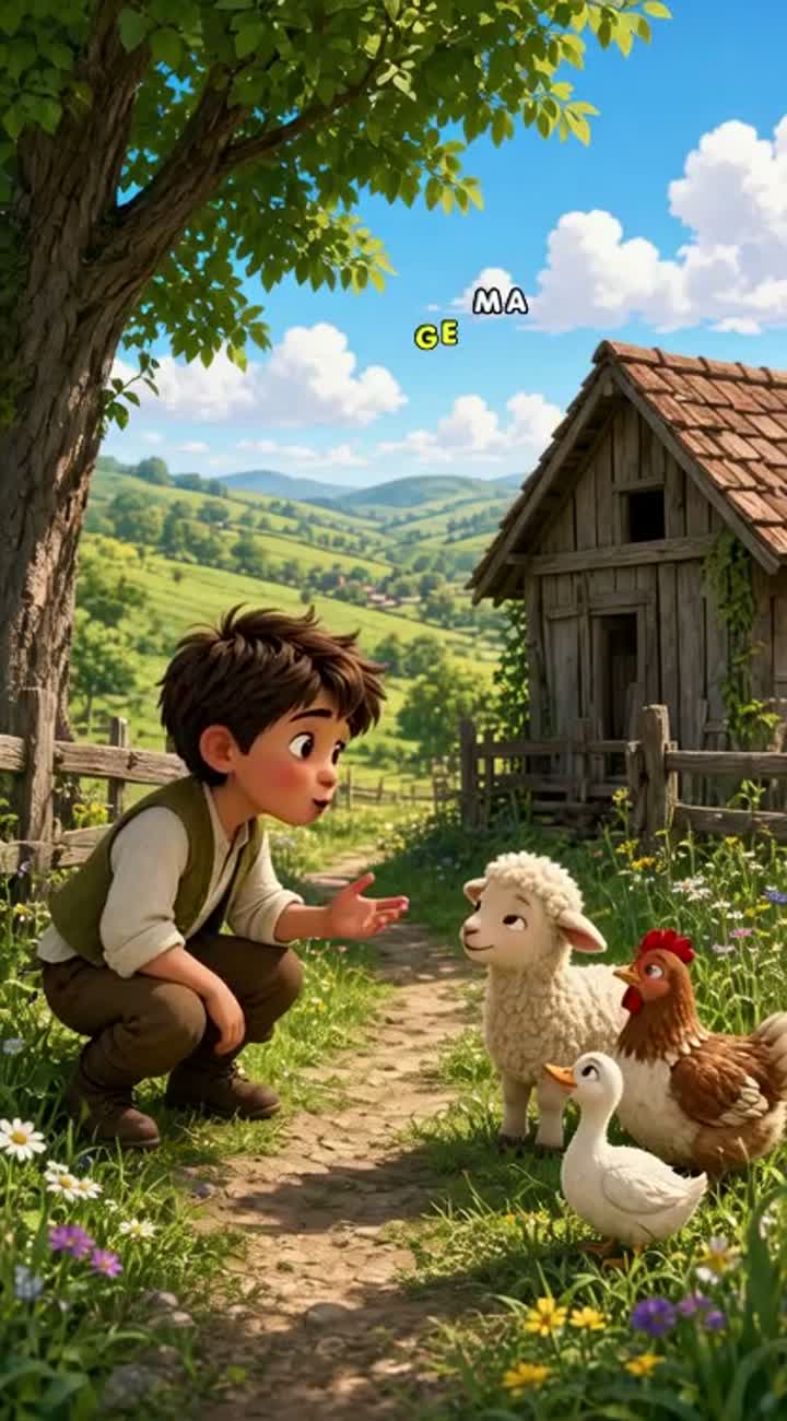 Un petit garcon de campagne qui parle avec les animaux c le seul… — AI cartoon