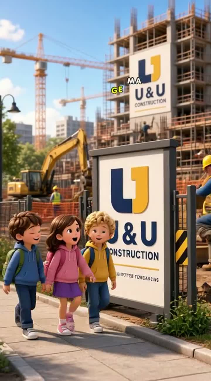 Premium cinematic 3D cartoon advertisement for U & U Construction — AI cartoon