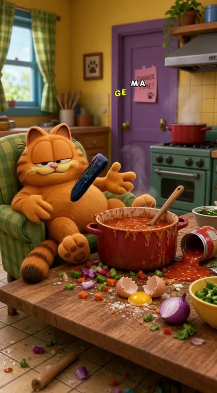 A lazy orange cat tries to cook dinner, accidentally makes a huge… — AI cartoon
