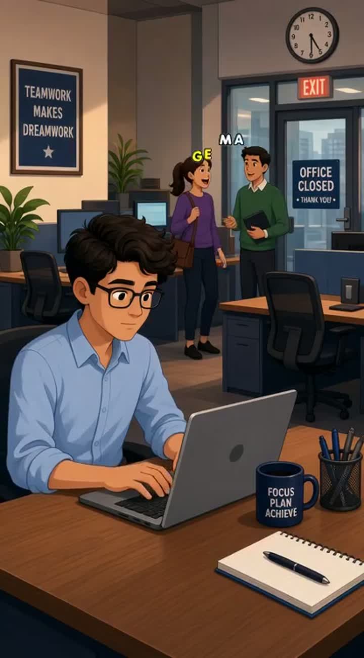 A employee doing work in front of laptop and other employees… — AI cartoon