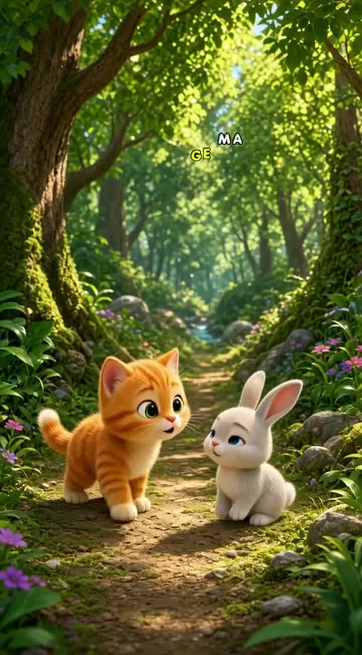 Cute 3D cartoon video of a little orange cat helping a baby rabbit… — AI cartoon