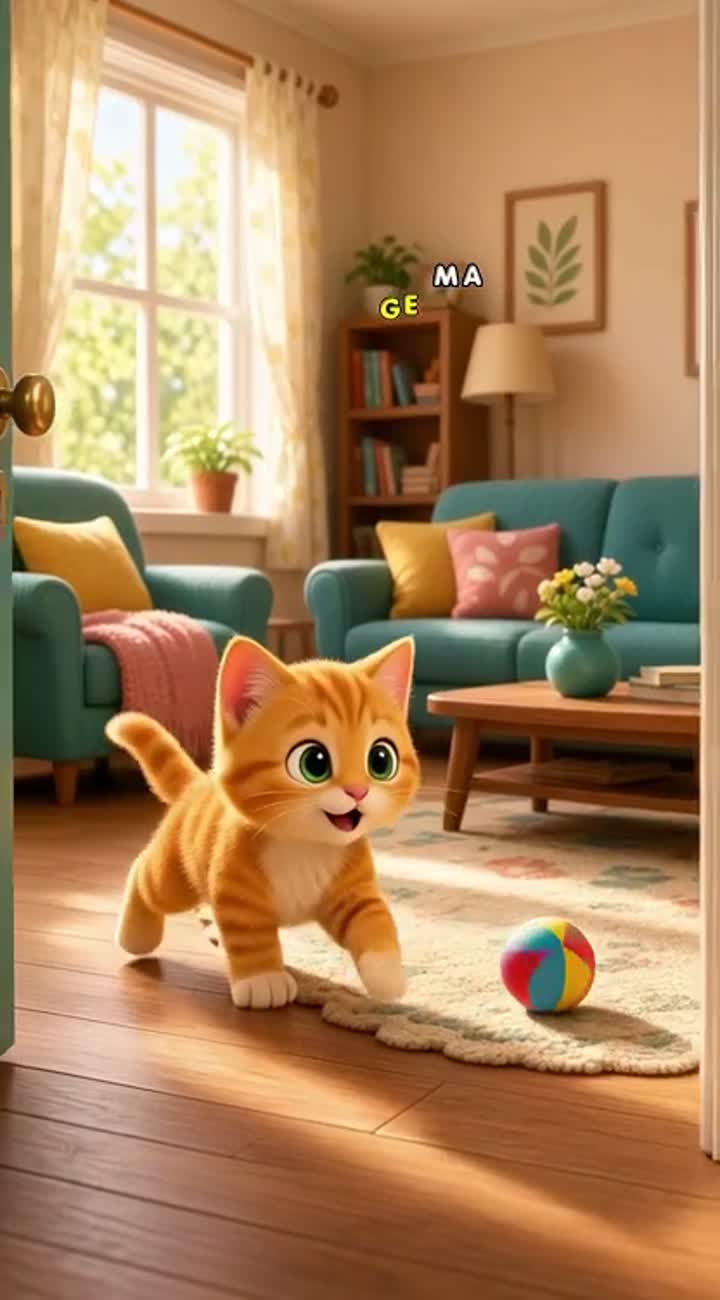 The cute orange kitten walks into the sunny living room… — AI cartoon