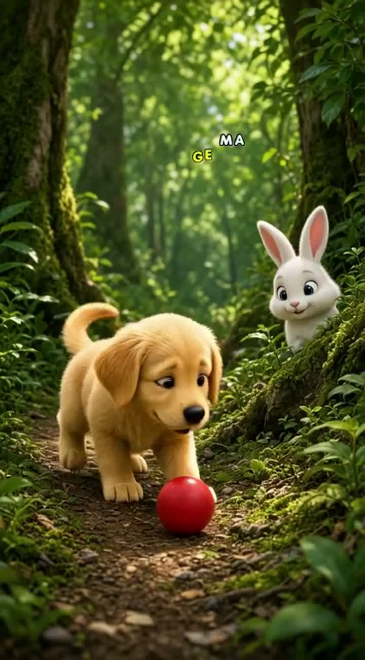 A cute little golden puppy and a fluffy white bunny meet… — AI cartoon