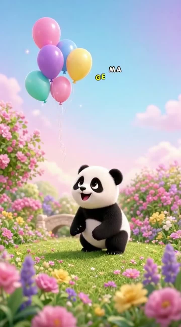 Cute 3D animated baby panda playing with colorful magical balloons… — AI cartoon