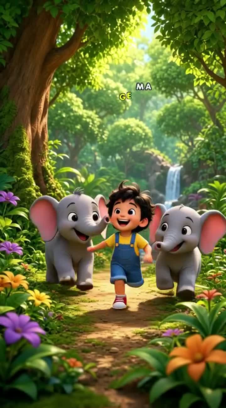 A little child playing happily with friendly baby elephants… — AI cartoon