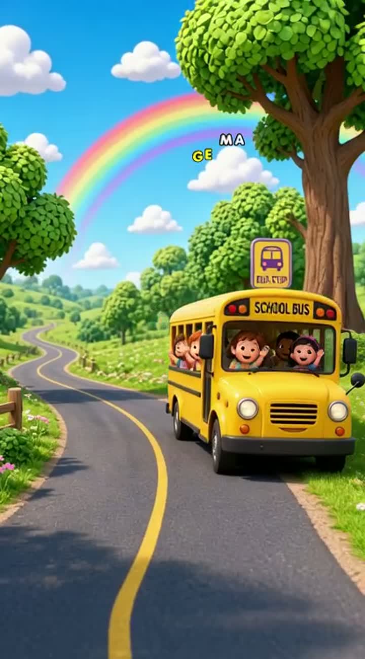 A cute yellow school bus drives along a sunny road — AI cartoon