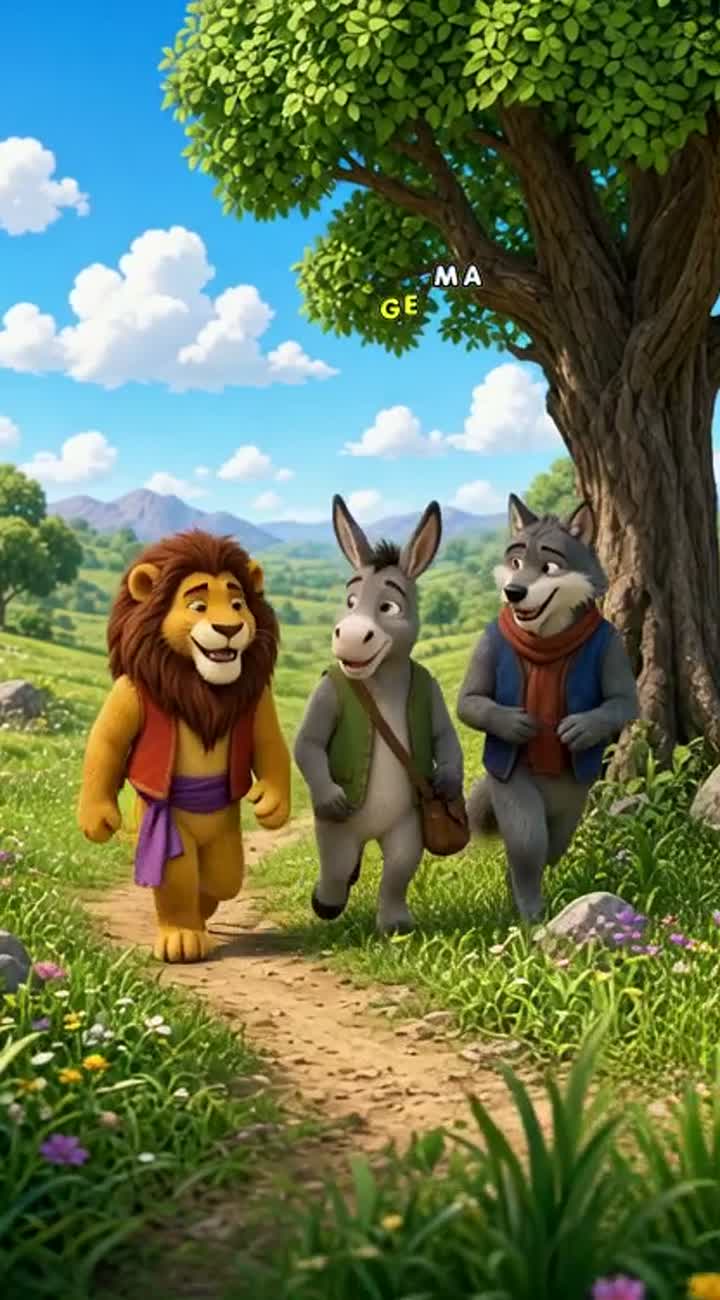 Three friends are walking together: Abu Rabad the lion… — AI cartoon